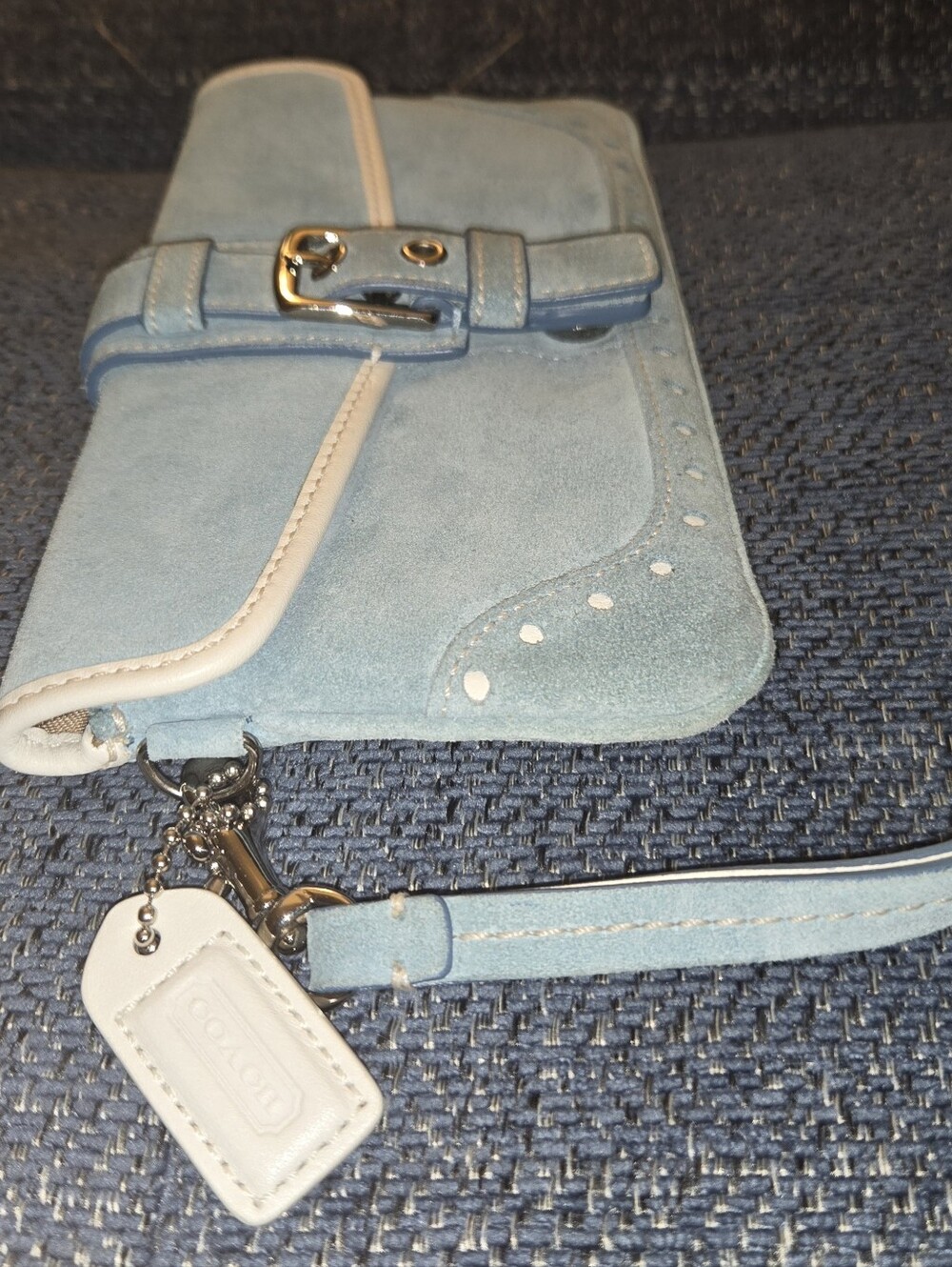 Coach Light Blue Suede Wristlet Clutch with Cream Trim & Buckle - Picture 7 of 7